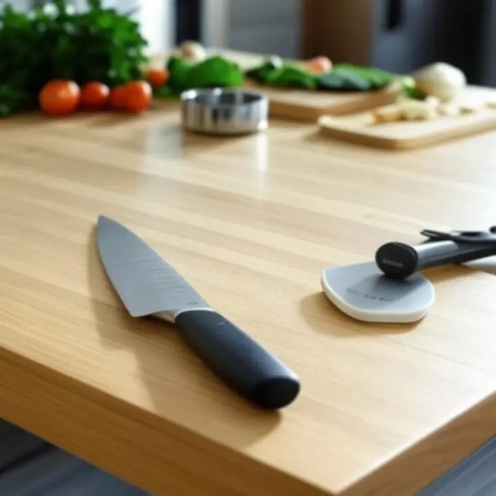 Profesjonalne narzędzia kuchenne ułożone na drewnianym blacie