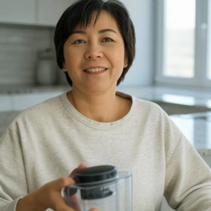 Klientka KitchenLabX trzymająca gadżet kuchenny i wystawiająca pozytywną opinię