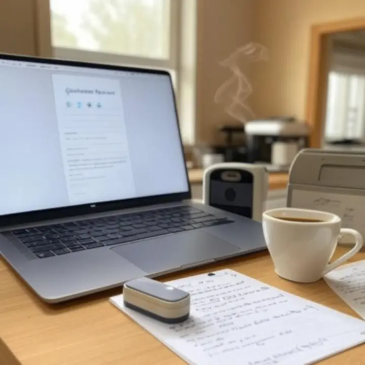 Prezentacja opinii i ocen klientów o produktach KitchenLabX na ekranie urządzenia