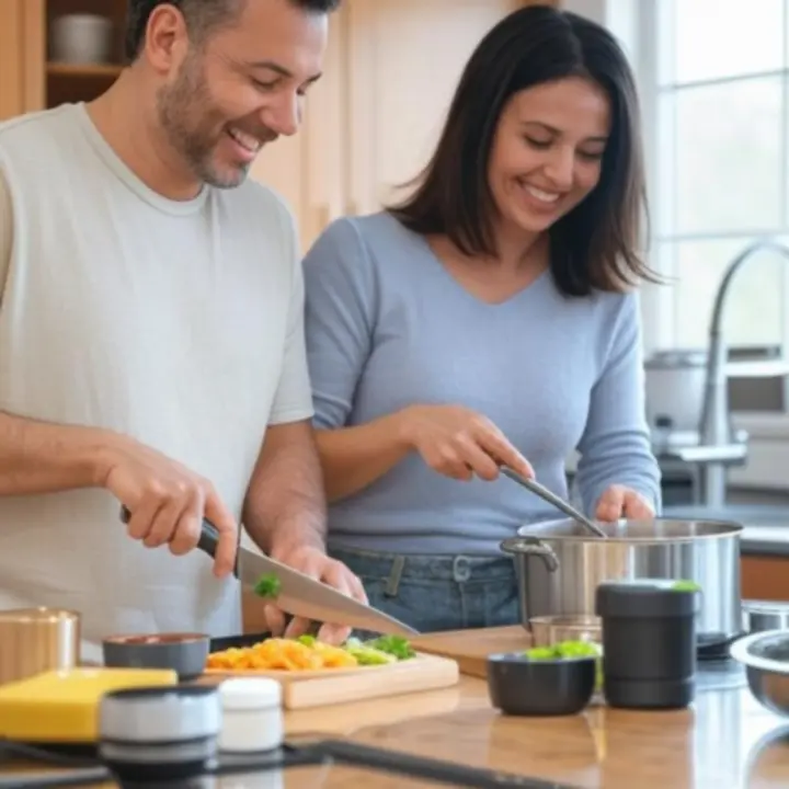 Zadowoleni klienci używający nowych gadżetów kuchennych w swojej domowej kuchni