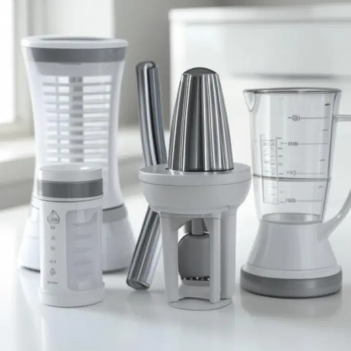 Zestaw polecanych gadżetów kuchennych na białym blacie