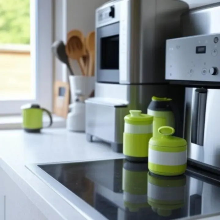 Zestaw nowoczesnych gadżetów kuchennych KitchenLabX na jasnym blacie.