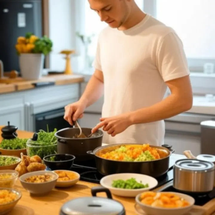 Stylowa kuchnia z nowoczesnymi gadżetami KitchenLabX i przygotowywanym posiłkiem