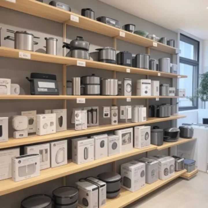 Różne kategorie gadżetów kuchennych rozmieszczone na blacie.