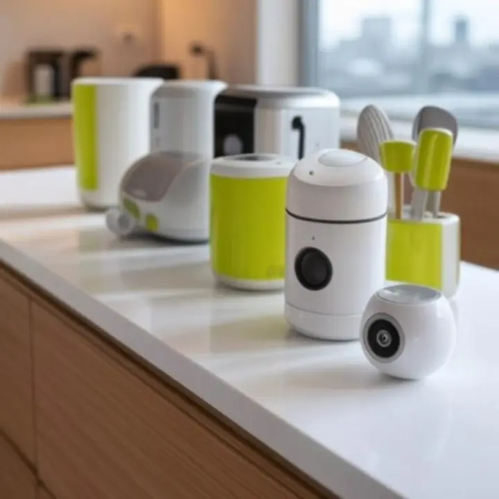 Nowoczesne gadżety kuchenne ułożone na blacie w sklepie KitchenLabX